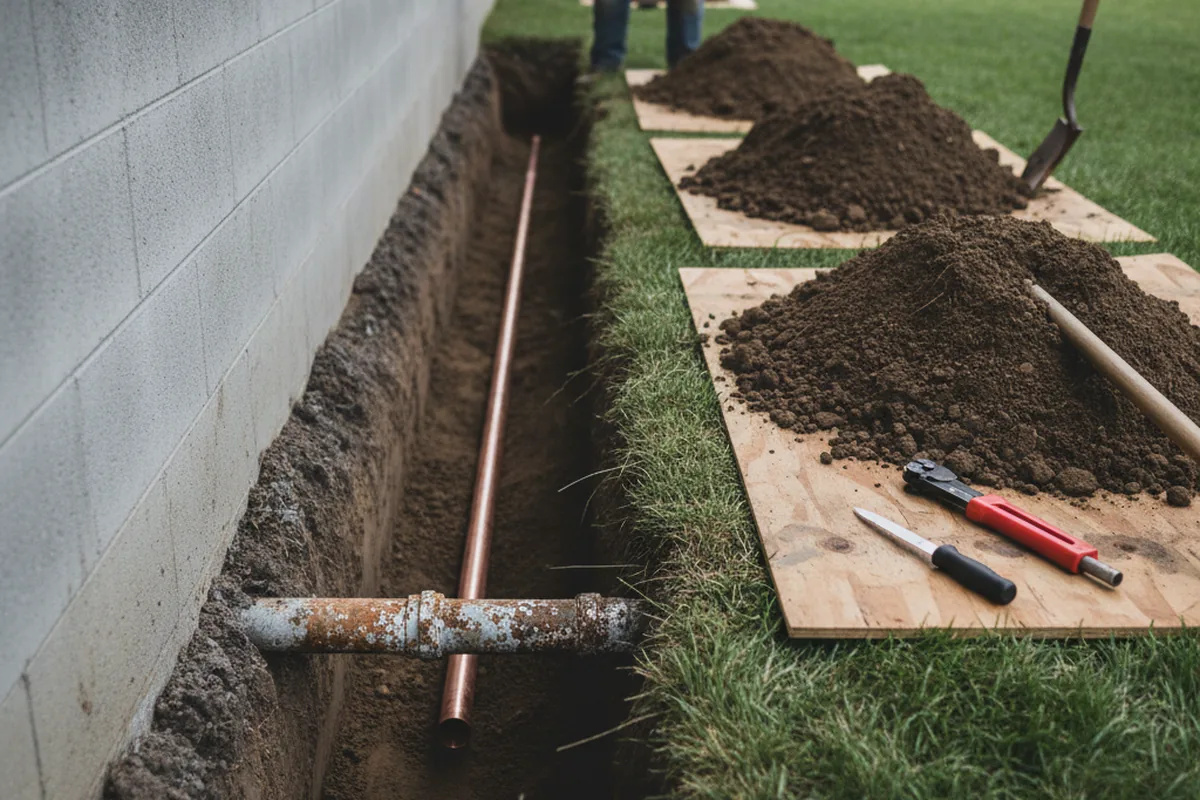 Excavated water line trench during Water Heater Repair in Garden Grove
